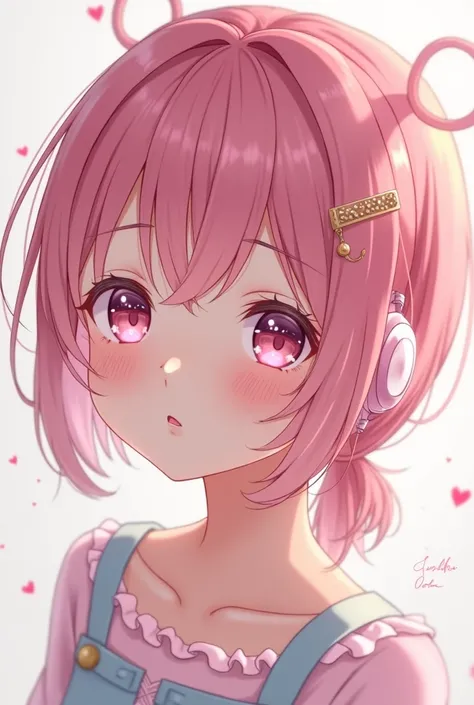 Anime girl, cute, blushing, embarrassed, Slim, tint skin, naked, pink hair, pink eyes, pink headphones