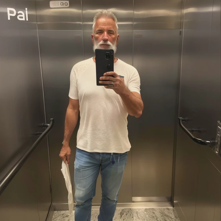 arafed man taking a selfie in an elevator with a cell phone, taken in the early 2020s, photo of a 50-year-old white man, paul pepera, in an elevator, he is about 60 years old, he is about 6 0 years old, full body picture, selfie of a man