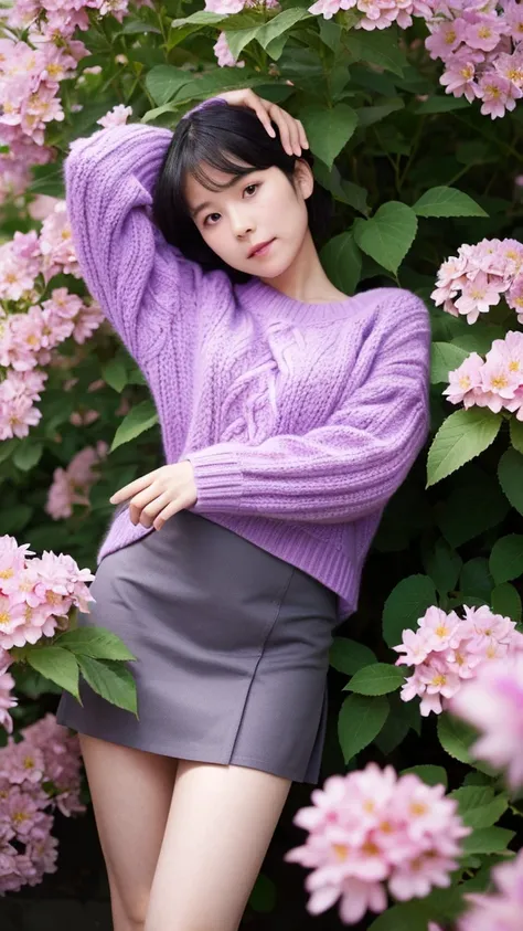 (masterpiece, Highest quality, High resolution), I grew four flowers. (oshi no ko), Sian Carcadigan, sweater, thin_purple_shirt,mini skirt, Are standing, Open clothes, alone,