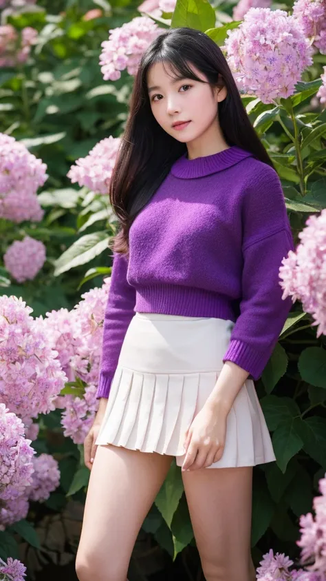 (masterpiece, Highest quality, High resolution), I grew four flowers. (oshi no ko), Sian Carcadigan, sweater, thin_purple_shirt,mini skirt, Are standing, Open clothes, alone,