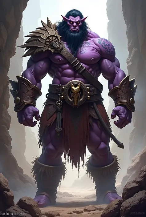 generate an image for a tabletop RPG, Dungeons & Dragons 5th edition, of a 20 year old half-Orc barbarian, with black eyes and hair and purple skin, two meters tall