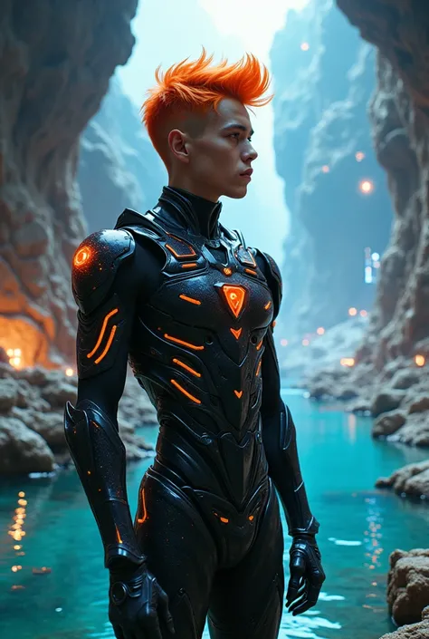 Young man with short orange spiky hair slicked back,, innocent expression,  black futuristic cyber armor with colorful details like a cosmic rainbow, in a cave with crystal clear waters and a cosmic landscape style underground city, epic pose, conceptual a...