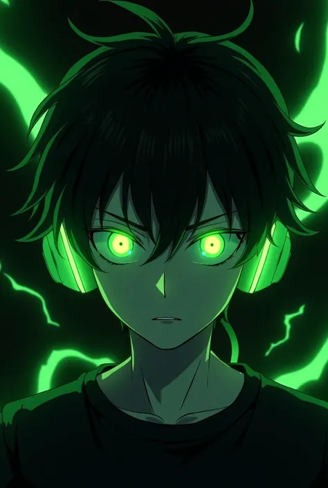 Anime Eyes of a White Adult Man, with psychopath, neon green eyes, black short wavy hair, a black shirt, a green headset. With a black background with neon green rays