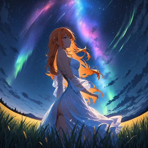 1 girl, alone, long orange hair, standing looking at the sky, revealing white dress, starry night, night with northern lights, f...