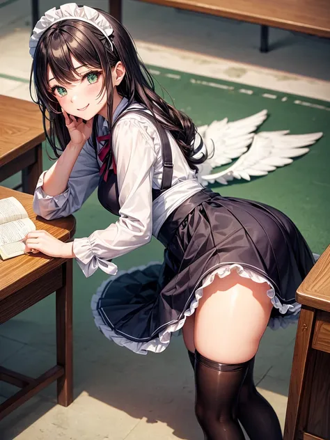 middle School girls，smile，Best Quality，高次元美Girl，多次元美Girl，Several girls are depicted，Maid clothes，cuteMaid clothes，8k，Highest quality，Long Hair，cute，fluffy，Angel，新しいMaid clothes，Latest Fashion，Long Hair，Green Eyes，Beautiful feet，美Girlの最上位，School，classroom，p...