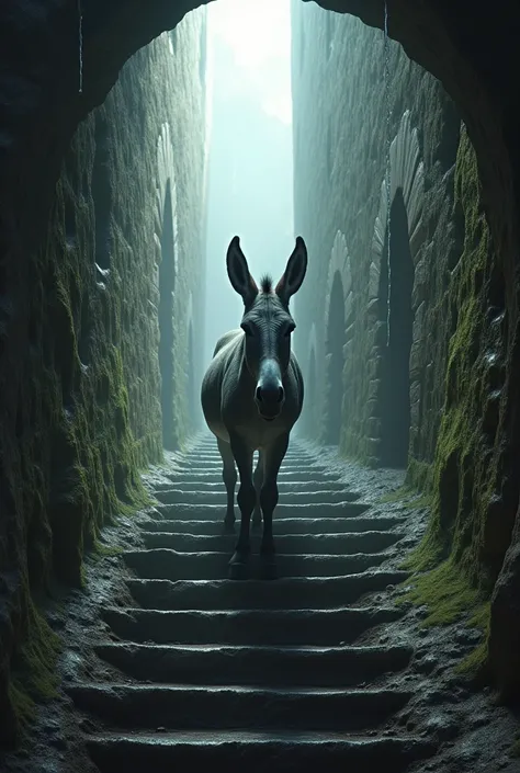 A donkey walking on steps inside a well