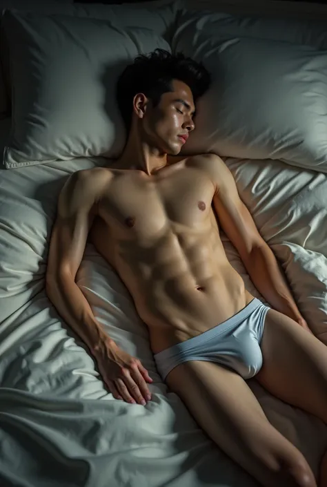 Norawit Titicharoenrak, star actor, 20-year-old, he is deeply sleeping, handsome , six packs, seeing his full body with sexy underwear, sleeping on the floor