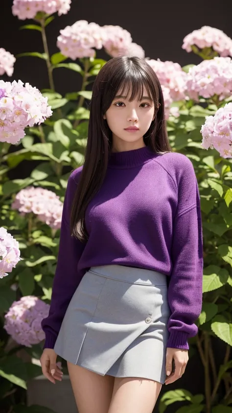 (masterpiece, Highest quality, High resolution), I grew four flowers. (oshi no ko), Sian Carcadigan, sweater, thin_purple_shirt,mini skirt, Are standing, Open clothes, alone,