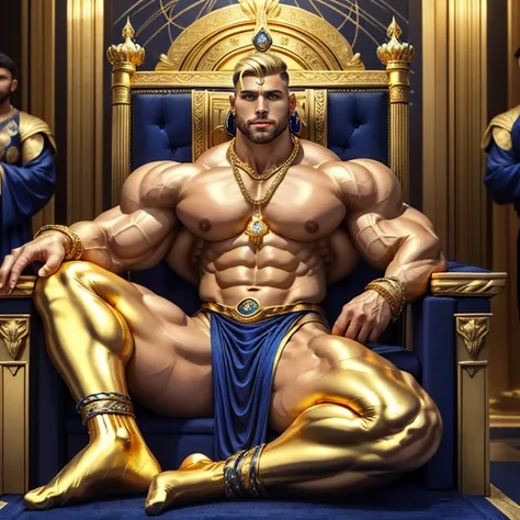 full body view, a muscular white european over-bodybuilded but looking fragile handsome man with undercut clean haircut of his brown with gold blonde streaks haircut, golden socks, indigo and gold neo-byzantine futuristic tight silky fullsuit, no shoes, go...