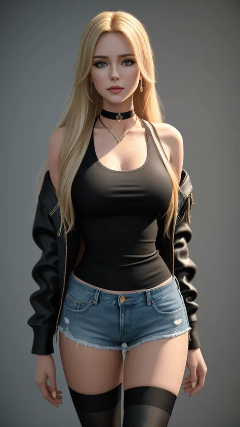 Masterpiece, best quality, Long blonde hair, beautiful face, Wear a black choker, black tank top, Tight-fitting denim shorts, Slender figure, Wrap around jacket, Wear jewelry on your wrist., Wearing thigh-high orange stockings,  fit, sexy, Standing against...