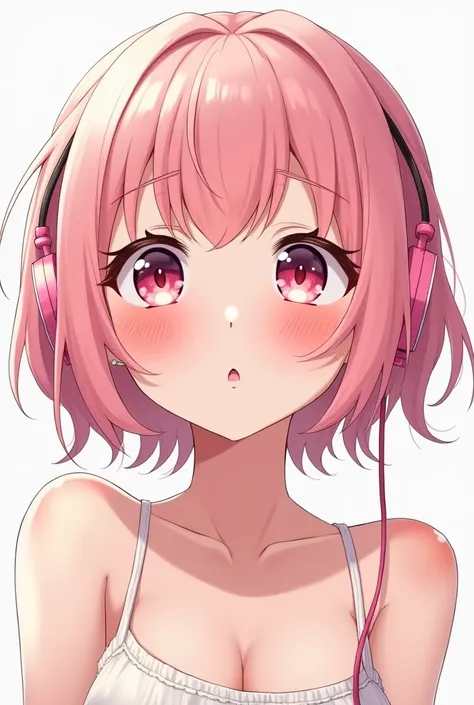 Anime girl, cute, pink hair, pink eyes, pink headphones, blushing, embarrassed, naked, no shirt, no skirt, 