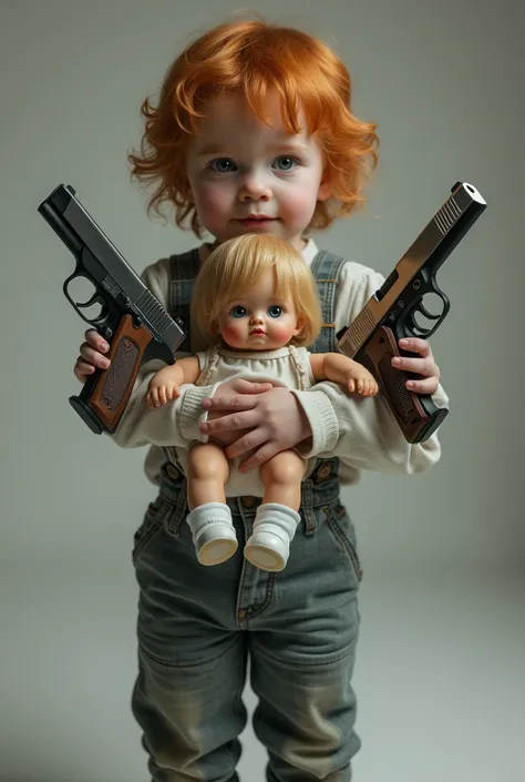 A  red-haired child holding a doll and a gun 
