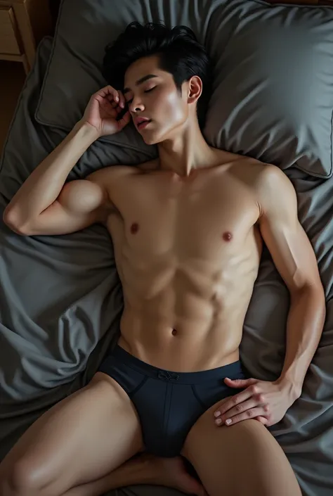 Norawit Titicharoenrak, T-pop star actor, 20-year-old, he is deeply sleeping, handsome , six packs, seeing his full body with sexy underwear, sleeping on the floor