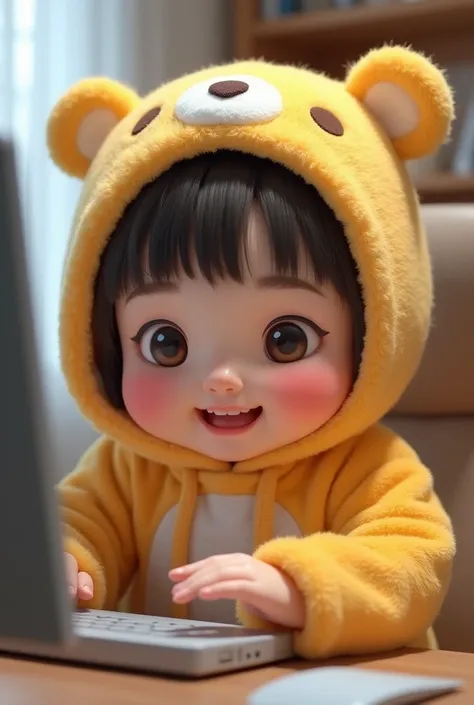 (girl),(()) ,3d images ,Highest quality 8K ,Chubby body shape,((Very fat)),Pink cheeks,podgy,Good mood,((Use a computer)),((work)),((Open your eyes.)),Put on a stuffed animal costume,Balanced lighting,blurred background,Middle of the picture