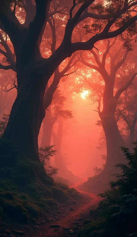 Kerala dark forest with red sunlight shade with mist