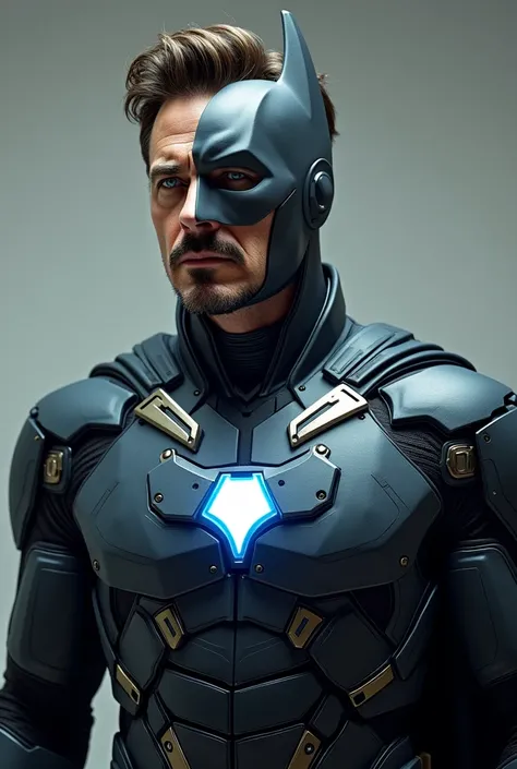 Robert Downey Jr in batman suit and light on chest like Ironman suit. Remove mask. Eyes blue light.  Without mask only suit
