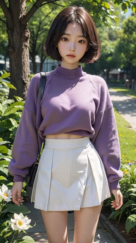 (masterpiece, Highest quality, High resolution), I grew four flowers. (oshi no ko), Sian Carcadigan, Summer Sweater, thin_purple_shirt,mini skirt, Are standing, Open clothes, alone,