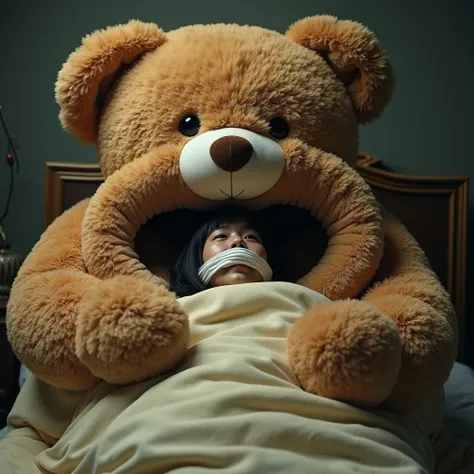 A 2 beautiful Asian woman is bound and gagged in a huge plush sleepbag, the sleep bag is cover her whole body. The sleepbag is inside the mouth of a huge brown teddy bear plush, the plush is large occupying most of the picture, the woman appears to be rela...