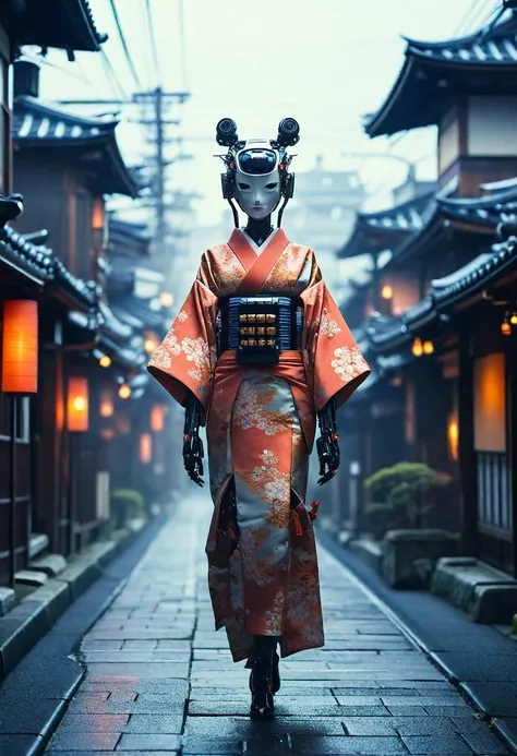 creating an image of a female android in a beautiful kimono walking through the streets of kyoto. the style is terrible, and the...