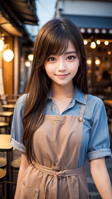 Cute girl working at a cafe terrace　Japanese　１９age　
Professional Lighting　Digital SLR　Beautiful and elaborate face　Perfect and beautiful face　Big eyes Smile