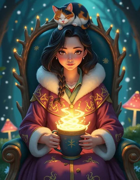 Ghibli Studio style, vibrant colors, close-up of a beautiful enchantresss hands holding a mug overflowing with swirling, luminescent mist. She wears a richly embroidered mage coat with fur accents, seated in a throne carved from a living tree that glows wi...