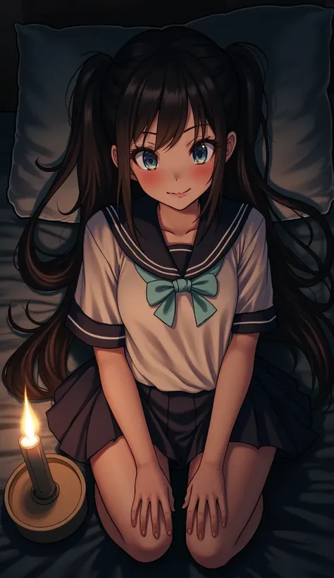 (32K:1.9, Realistic:1.9, Highest quality, masterpiece, Ultra-high resolution), Perfect dynamic composition:1.3, Highly detailed skin and facial textures:1.3, (Cute sexy slim Japanese schoolgirl, height: 155cm), ((Lying in bed, Eyes closed and waiting for a...