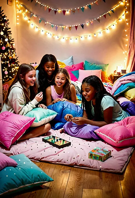 A vibrant and cozy high school slumber party scene, where a group of diverse and energetic teenage girls are huddled together in a brightly lit, cluttered bedroom adorned with pastel-colored decorations. The room is a playful mix of sleeping bags, colorful...