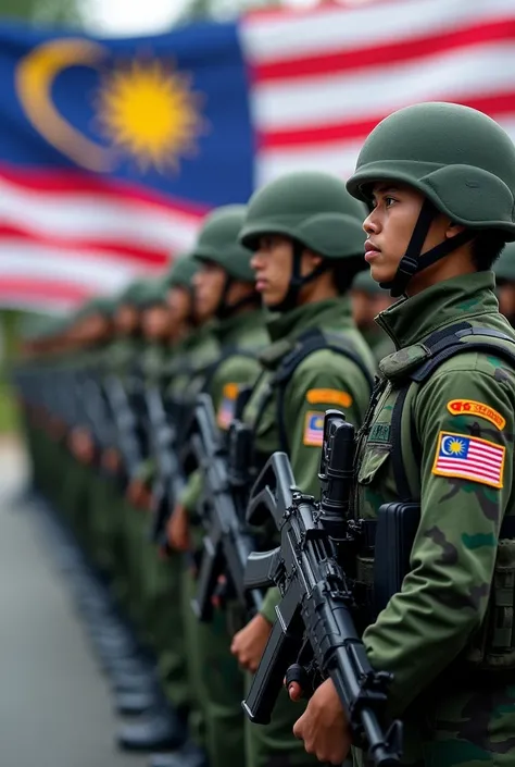 lineup soldier wear camouflage green, dark green, black. Full army uniform. Hand holding ak47. On the road. Hundred of soldier. independence day Malaysia. Malaysia flag on sleeve