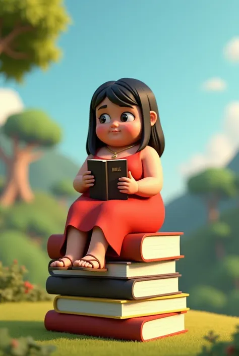 Comando: Create a 3D illustration of an animated Brazilian character sitting casually on top of "textbooks". The character must wear a long red dress, shoulder length hair black and straight, brunette skin, slanted eyes, very fat and round, " the ears with...