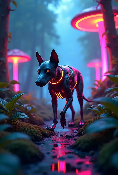 Futuristic dog in forest with neon lights