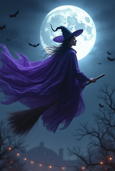 Witch flying on broom with flowing cape Purple in front of the moon in halloween 