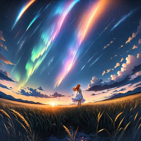 1 girl, alone, long orange hair, standing looking at the sky, revealing white dress, starry night, night with northern lights, f...