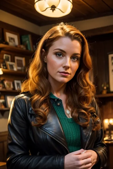 Medium view, of young aged, 30 year old, milf, irish woman, face portrait, irish features,long hair, ginger hair, 1940s hair style, 1940s clothing, black 
leather jacket, in cozy fjord home 1936, sweaty