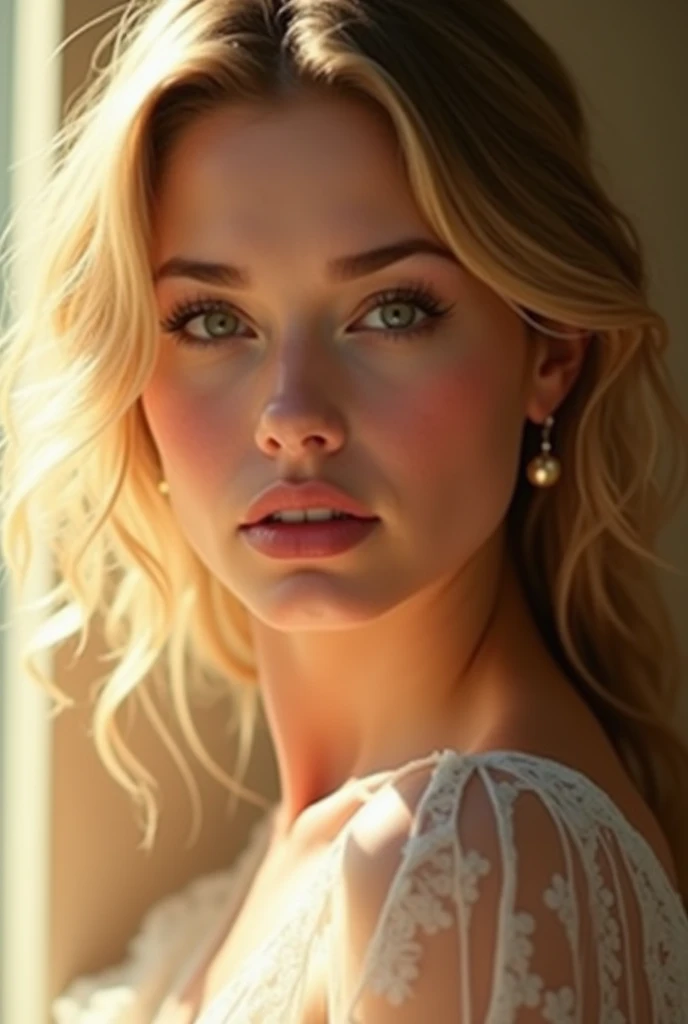 a beautiful young girl with golden hair and blushing cheeks, extremely detailed and realistic facial features including beautiful eyes, lips, long eyelashes, high quality 8k resolution, intricate details, soft lighting, warm color tones, cinematic composit...