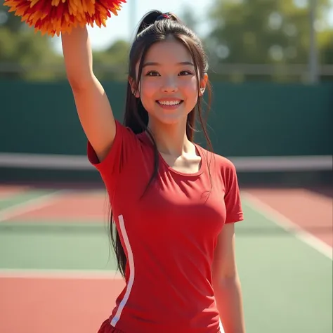 A beautiful asian girl is cheer leader, t shirt red, looking viewer, facing the viewer, excitement on the face, hand lifting cheerleading flower, back ground at tennis. realictics, You should not describe the chest and genital areas, full body image