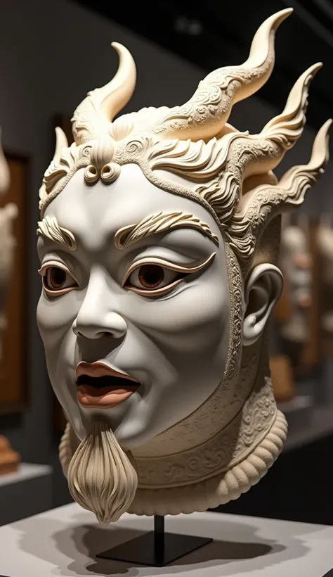 ancient chinese ceramic mask, intricate details on mask, glossy white ceramic surface, leaning against a stand, museum exhibition,  realistic, HDR,UHD,studio lighting,ultra-fine painting,sharp focus,physically-based rendering,extreme detail description,pro...