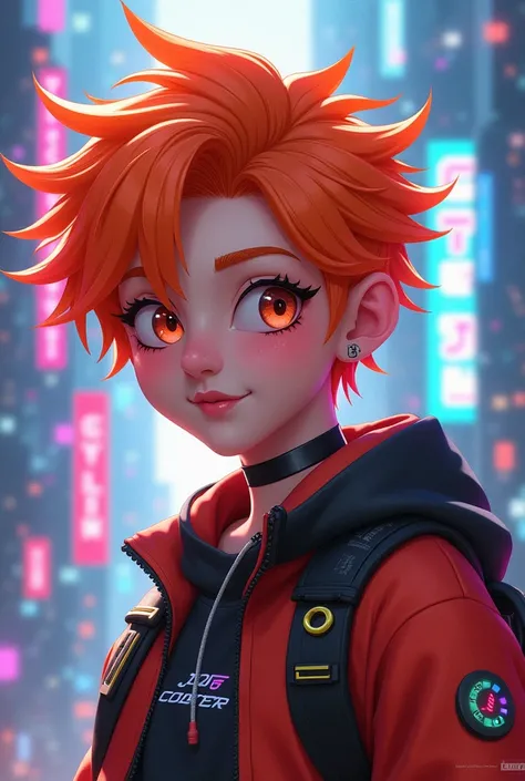 Cyberpunk, short hair, cool hairstyle, vtuber, energetic, cheerful, orange hair, gameplay