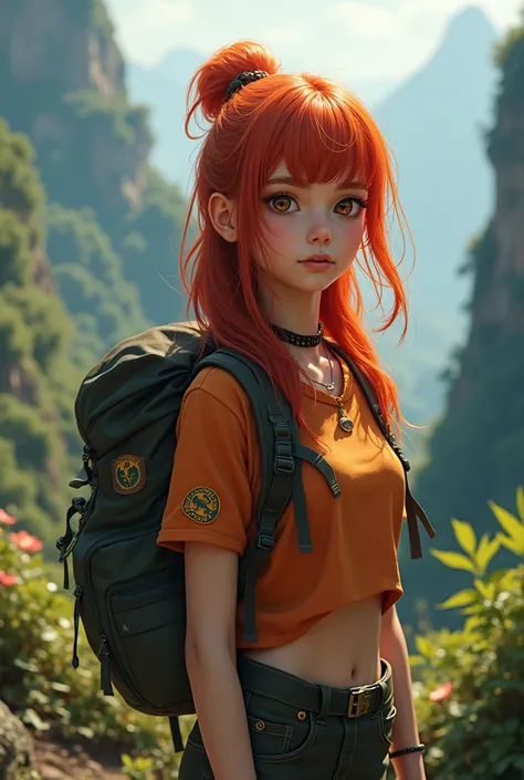 Create a red-haired woman, hair logos, fringe. She is in a remote place, is a backpacker traveling and adventuring in nature. Her eyes are brown 