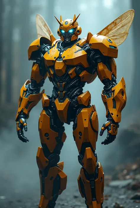 a bumblebee transformer suit, ironman suit, highly detailed, 8k, hyperrealistic, cinematic lighting, volumetric fog, epic, dramatic, intricate machinery, glowing neon accents, metallic reflections, complex design, futuristic technology, photo-realistic, co...