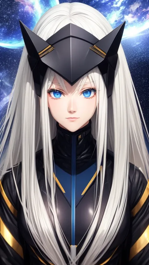 woman ,Golden white hair,blue eyes,,,Black space suit