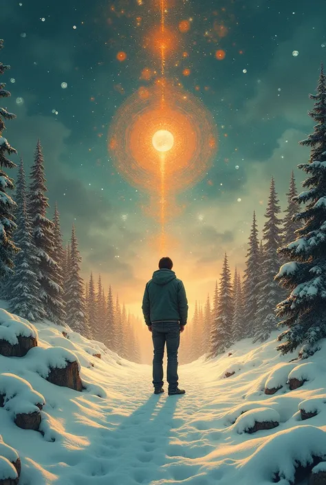 In the middle of the image is a young man, He looked at the fantasy world created by snow and winter，Snow covered everywhere，But it is emitting a sparkling orange light，Perspective Error, Distance Error, Very unbalanced, Psychedelic World, Time interval er...