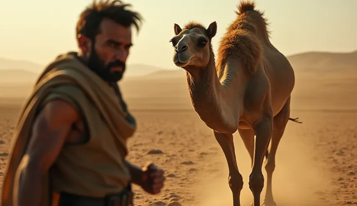 A shot of a man approaching a camel to hamstring it, with expressions of anger and defiance in his eyes. 