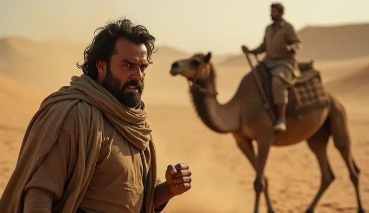 A shot of a man approaching a camel to hamstring it, with expressions of anger and defiance in his eyes. 