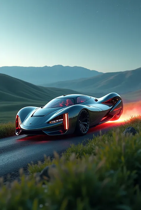 Futuristic car in countryside with neon lights