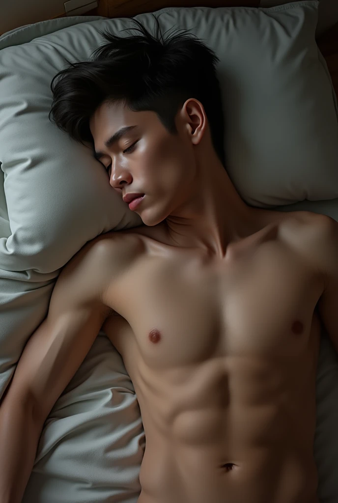 Norawit Titicharoenrak, T-pop star actor, 20-year-old, he is deeply sleeping, handsome , six packs, seeing his full body with sexy underwear, sleeping on the floor