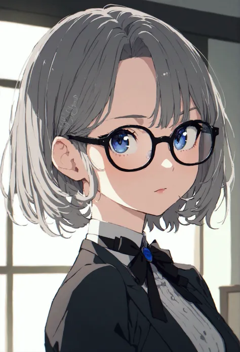 A female with gray hair, blue eyes and glasses