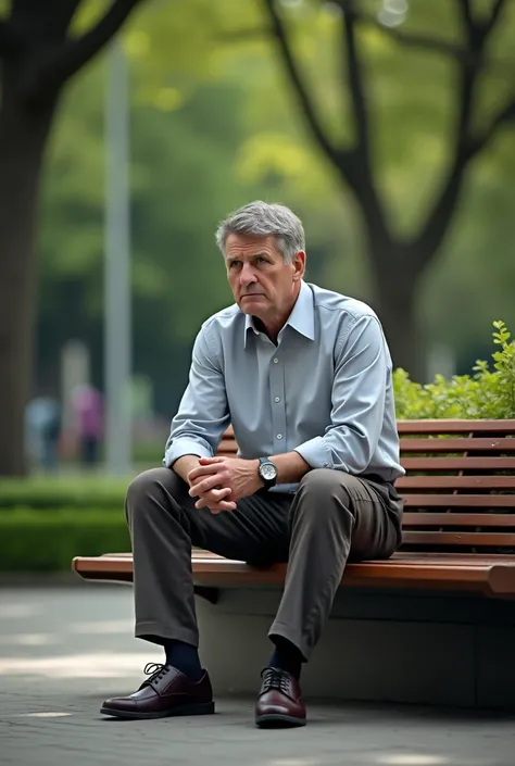 One man sitting on the bench alone thinking about future 
