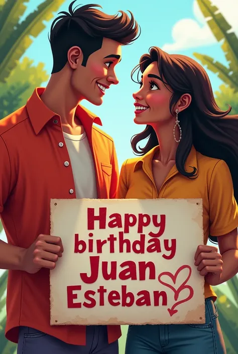 A young man with light brown skin and dark reddish brown eyes , a little muscular and short hair happy called Juan Esteban Gutiérrez Ortiz because in front of him is his friend Danna with dark skin, dark brown eyes and very long hair down to her tail (wome...