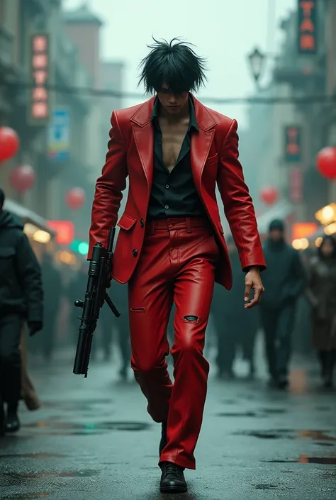 Rain, fragments splash Snowflakes, particles blender Cinematic Composition A realistic photoshoot of an asian male model cosplaying evangelion suit classic red , hair style conceptual Tim burton messy wind akira toriyama as from RAW photography tmasterpiec...