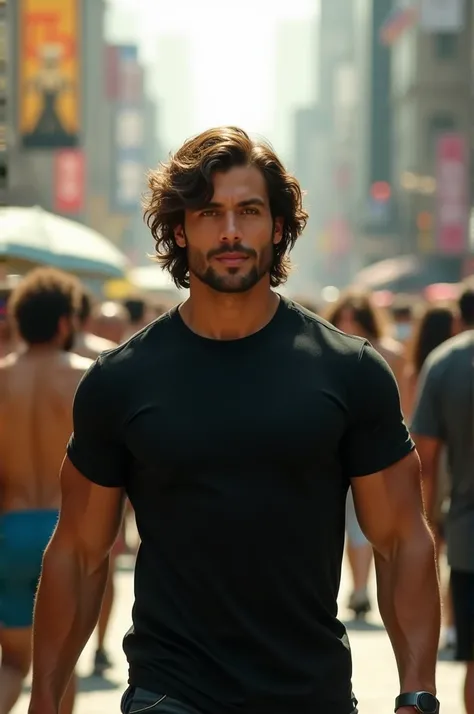 Handsome young man with shoulder length curly hair,thin sideburns,muscular macho body,walking in the crowd,wearing a black t-shirt,and sports shoes,HD ,Realistic